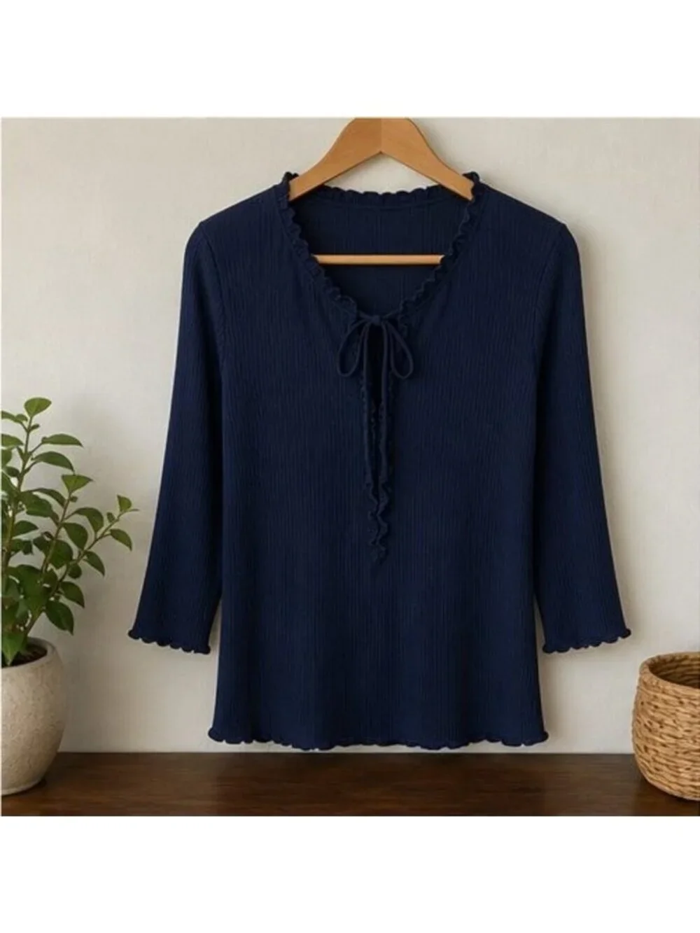 Navy Ruffle Blouse - Picture 1 of 6